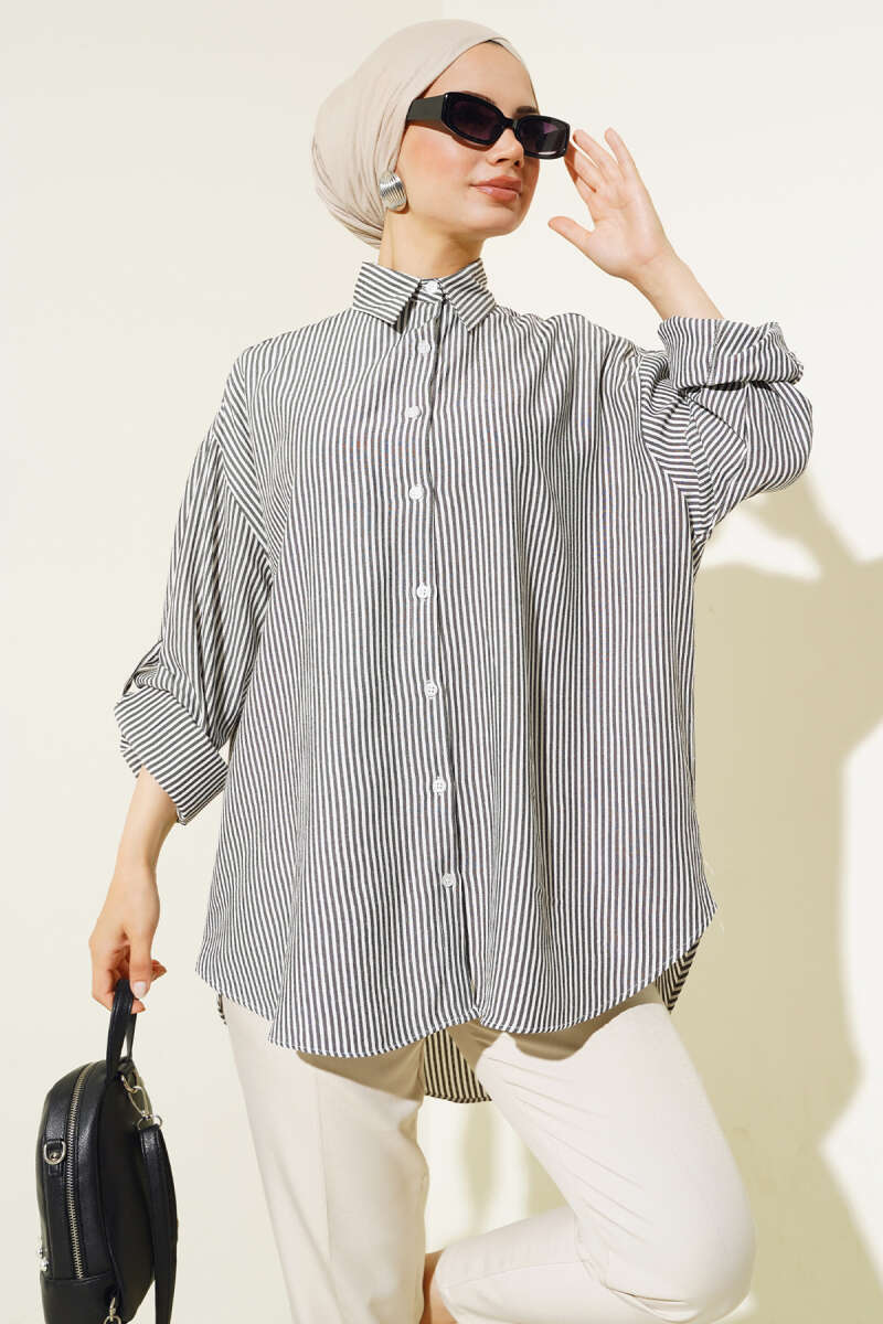 Basic Striped Oversize Shirt - Black