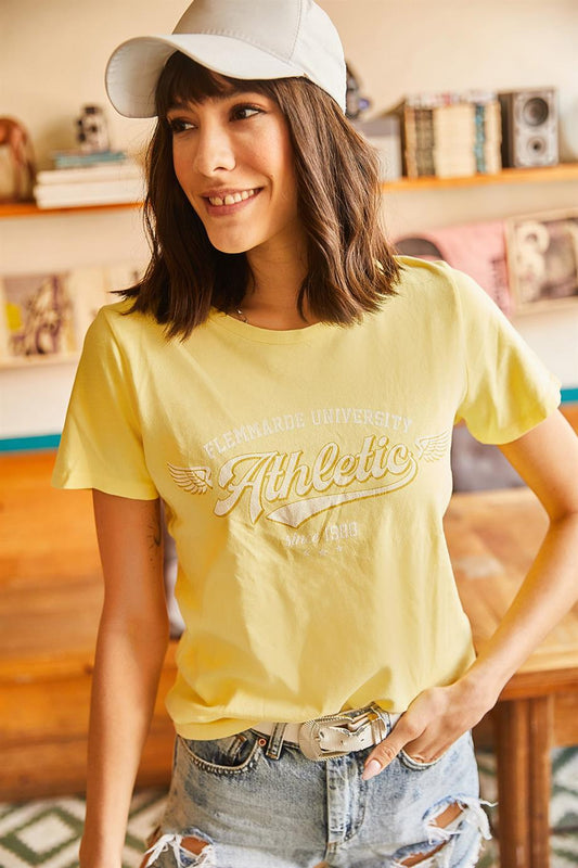 Printed Flamed Soft Textured Knitted T-Shirt Yellow