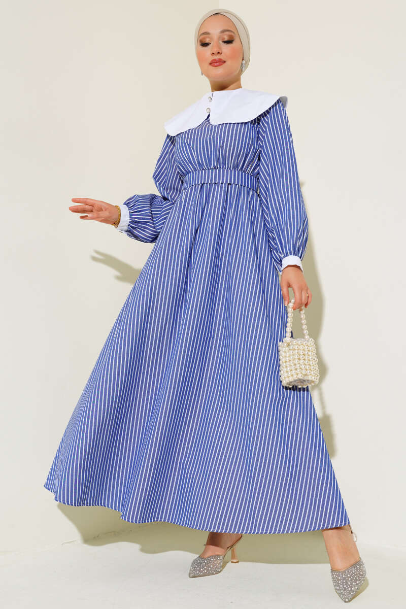 Baby Collar Striped Dress - Indigo