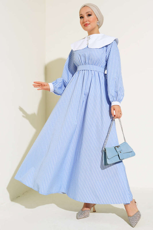 Baby Collar Striped Dress - Blue