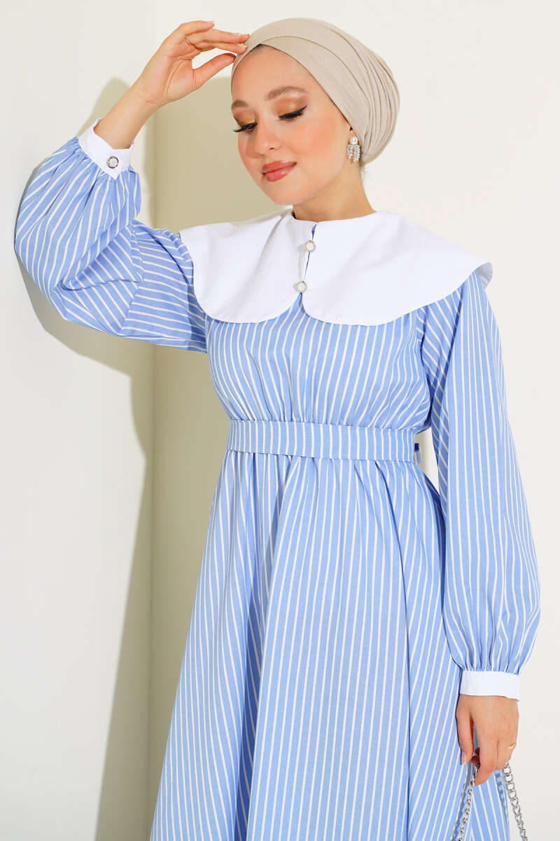 Baby Collar Striped Dress - Blue