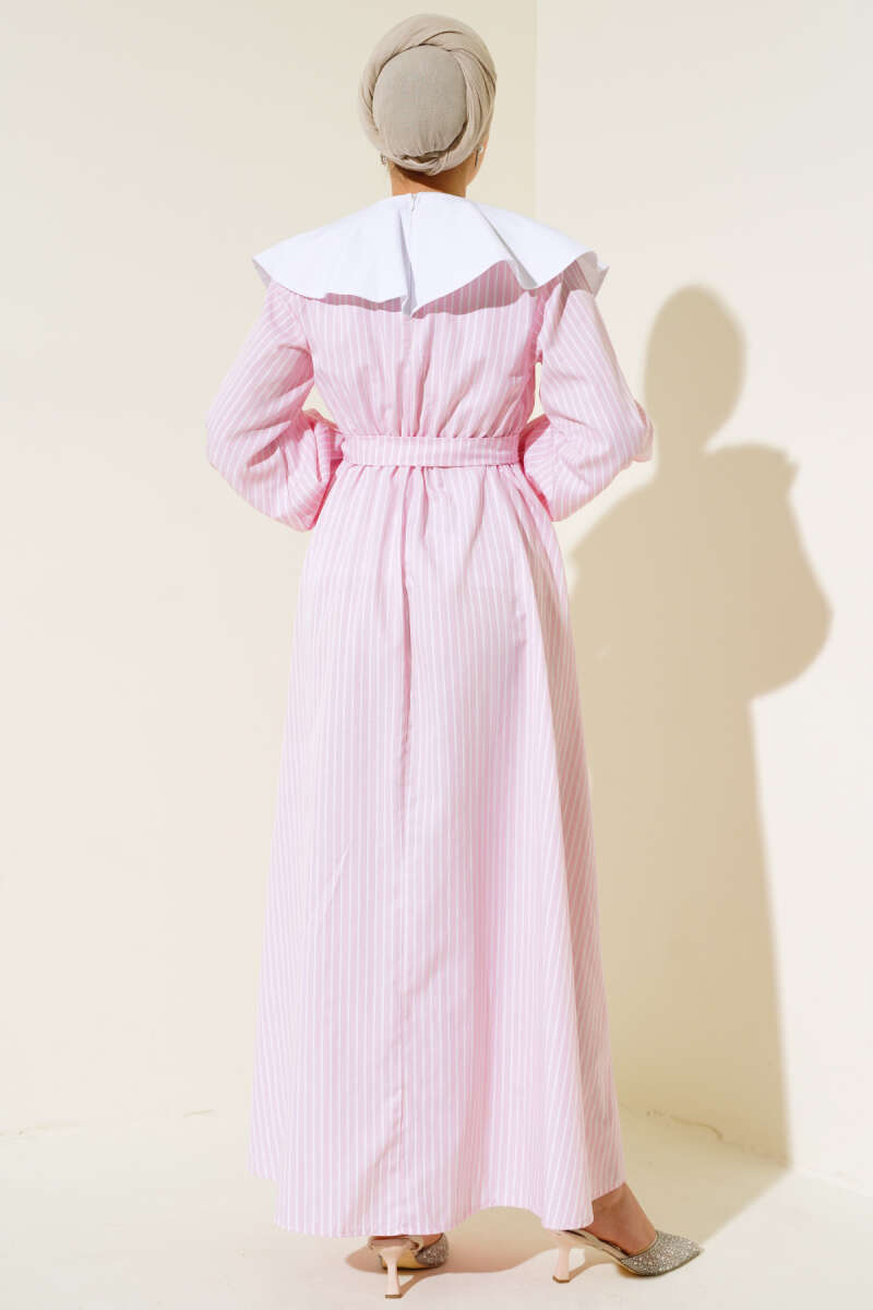 Baby Collar Striped Dress - Pink