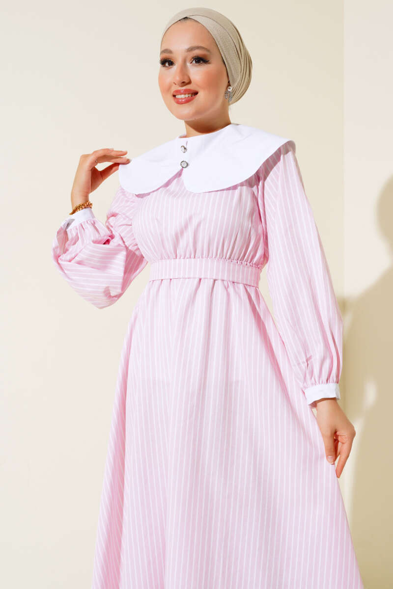 Baby Collar Striped Dress - Pink