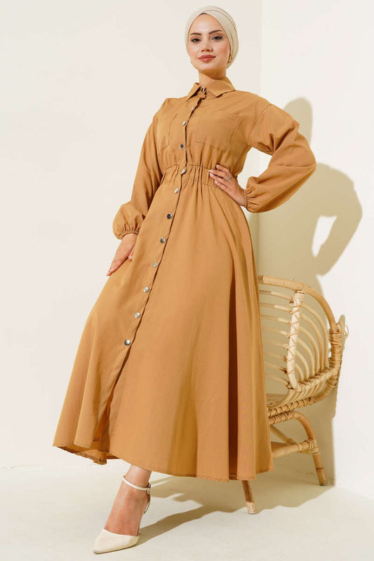 Elastic Waist Metal Button Dress Camel