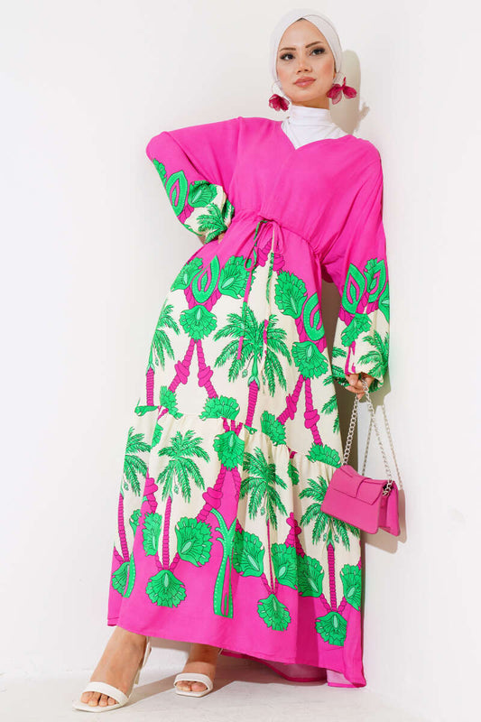 Waist Tunnel Casual Dress - Fuchsia & Green