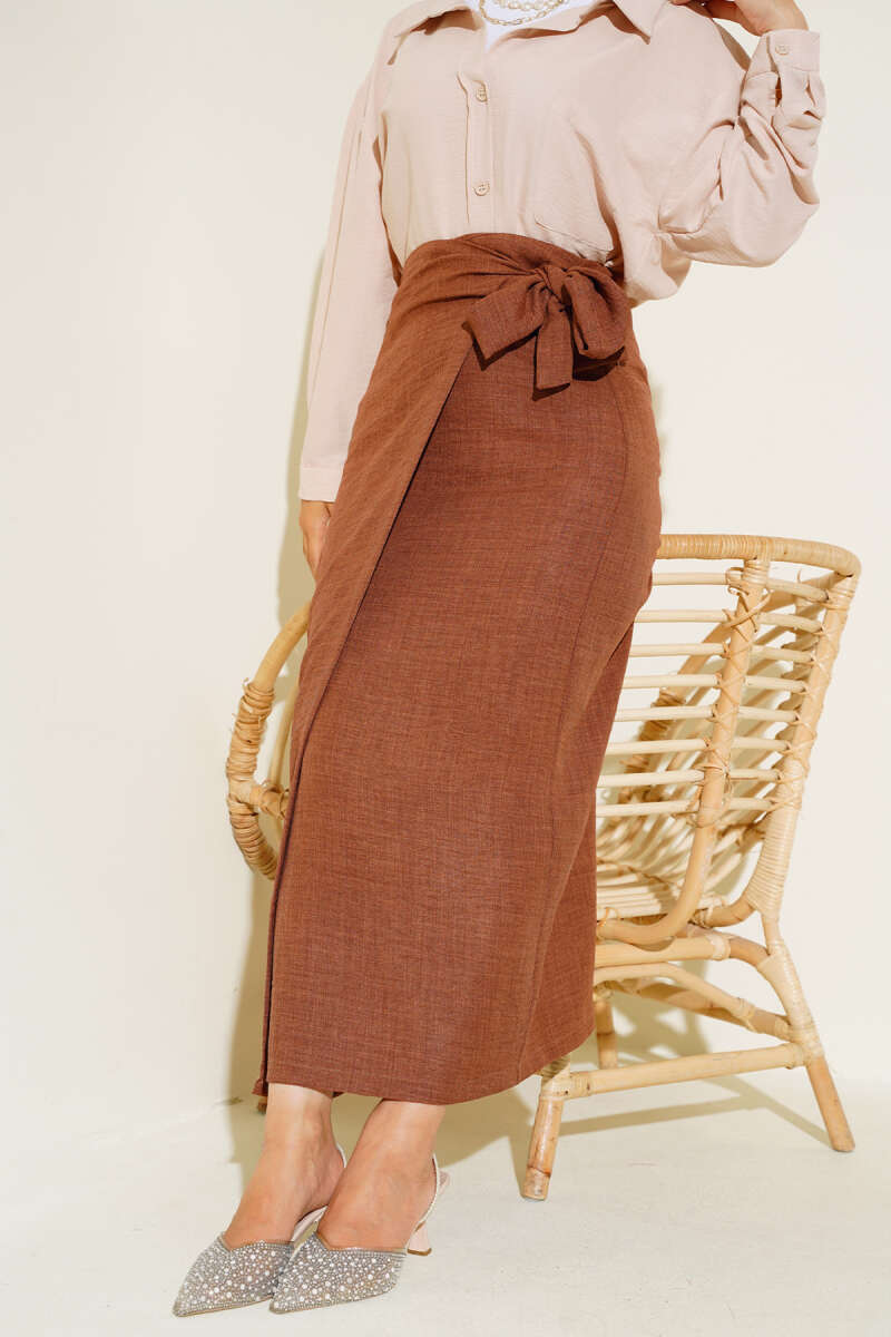 Women's Waist Tied Linen Skirt - Brown