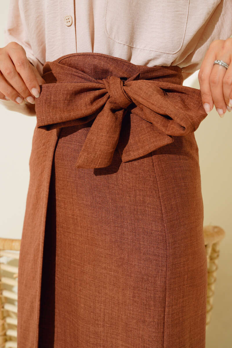 Women's Waist Tied Linen Skirt - Brown