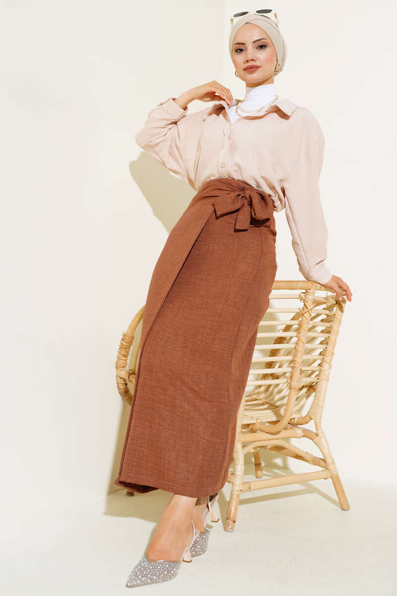 Women's Waist Tied Linen Skirt - Brown