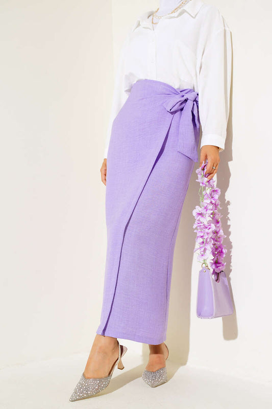 Women's Waist Tied Linen Skirt - Lilac