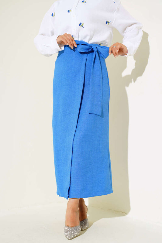 Women's Waist Tied Linen Skirt - Sax