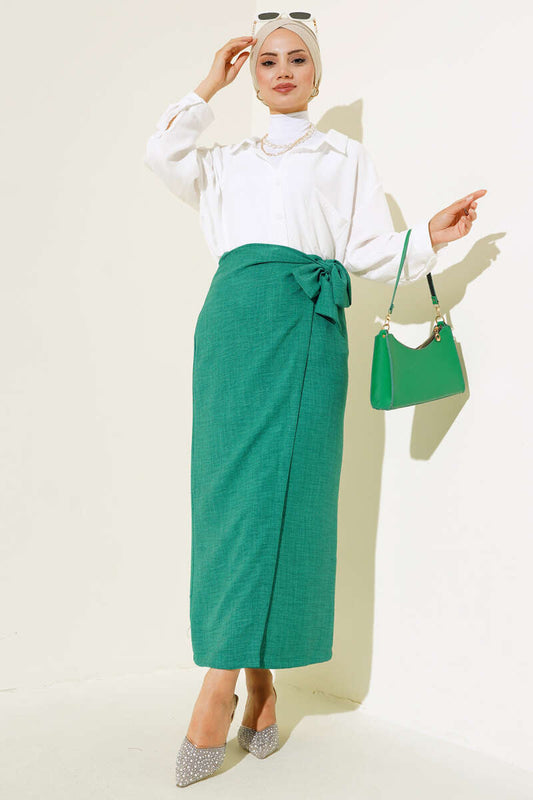 Women's Waist Tied Linen Skirt - Green