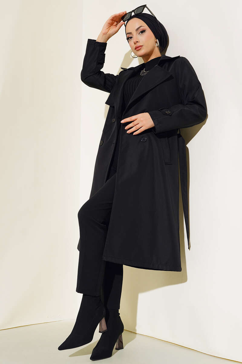 Belted Buttoned Trench Coat Black