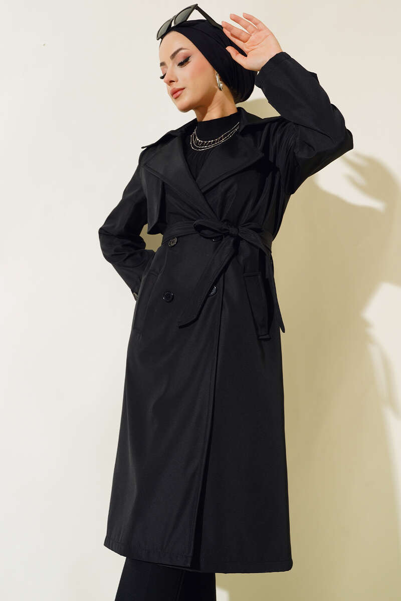 Belted Buttoned Trench Coat Black