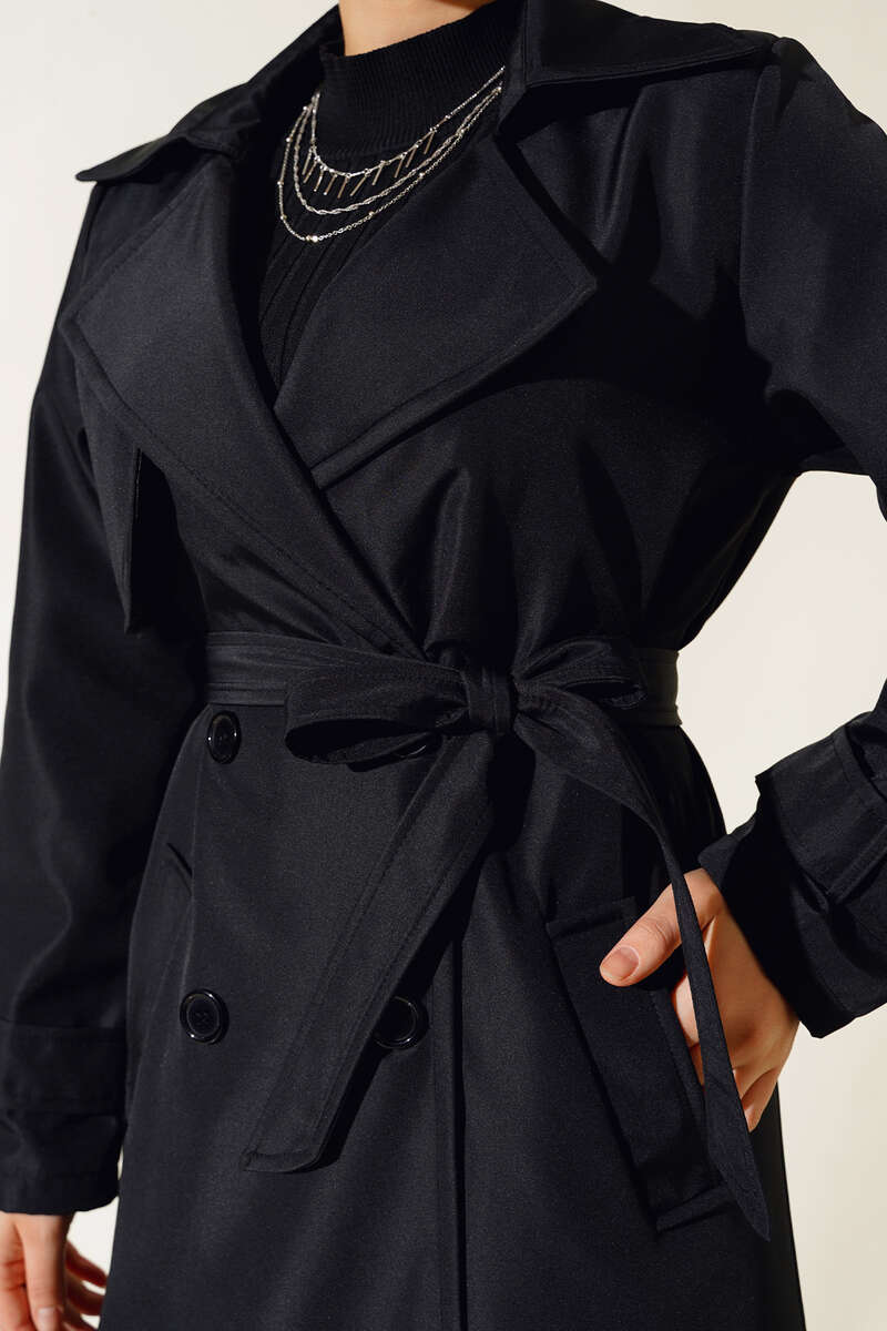 Belted Buttoned Trench Coat Black