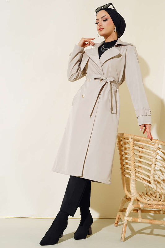 Belted Buttoned Trench Coat Stone