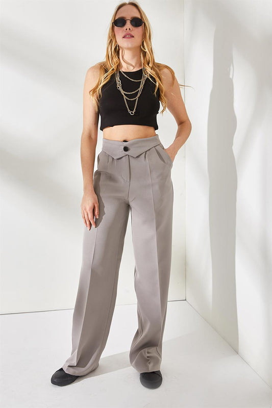 Waist Button Detailed Pocket Atlas Palazzo Trousers Gray