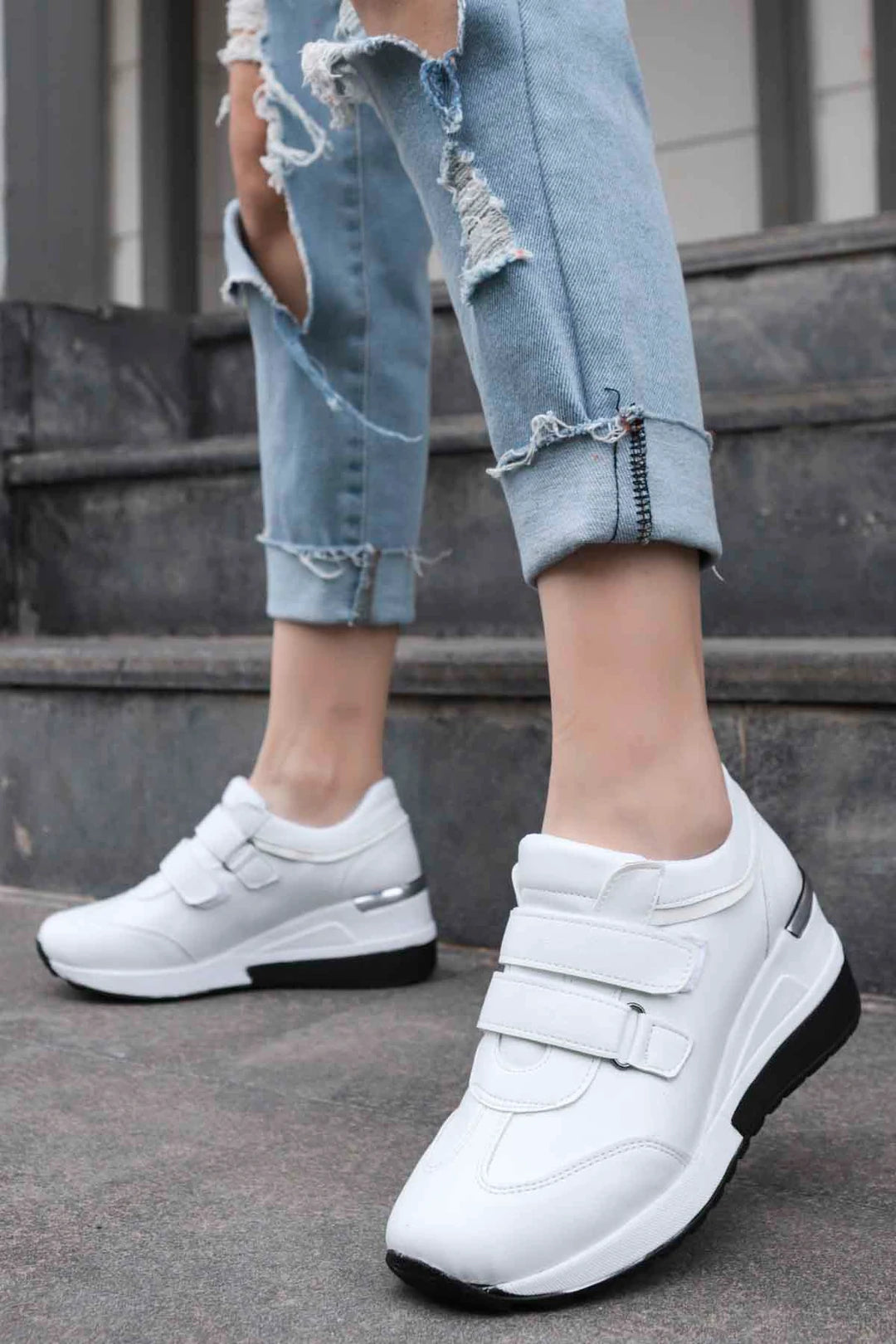 Women's White Velcro Hidden Wedge Heel Sport Shoes