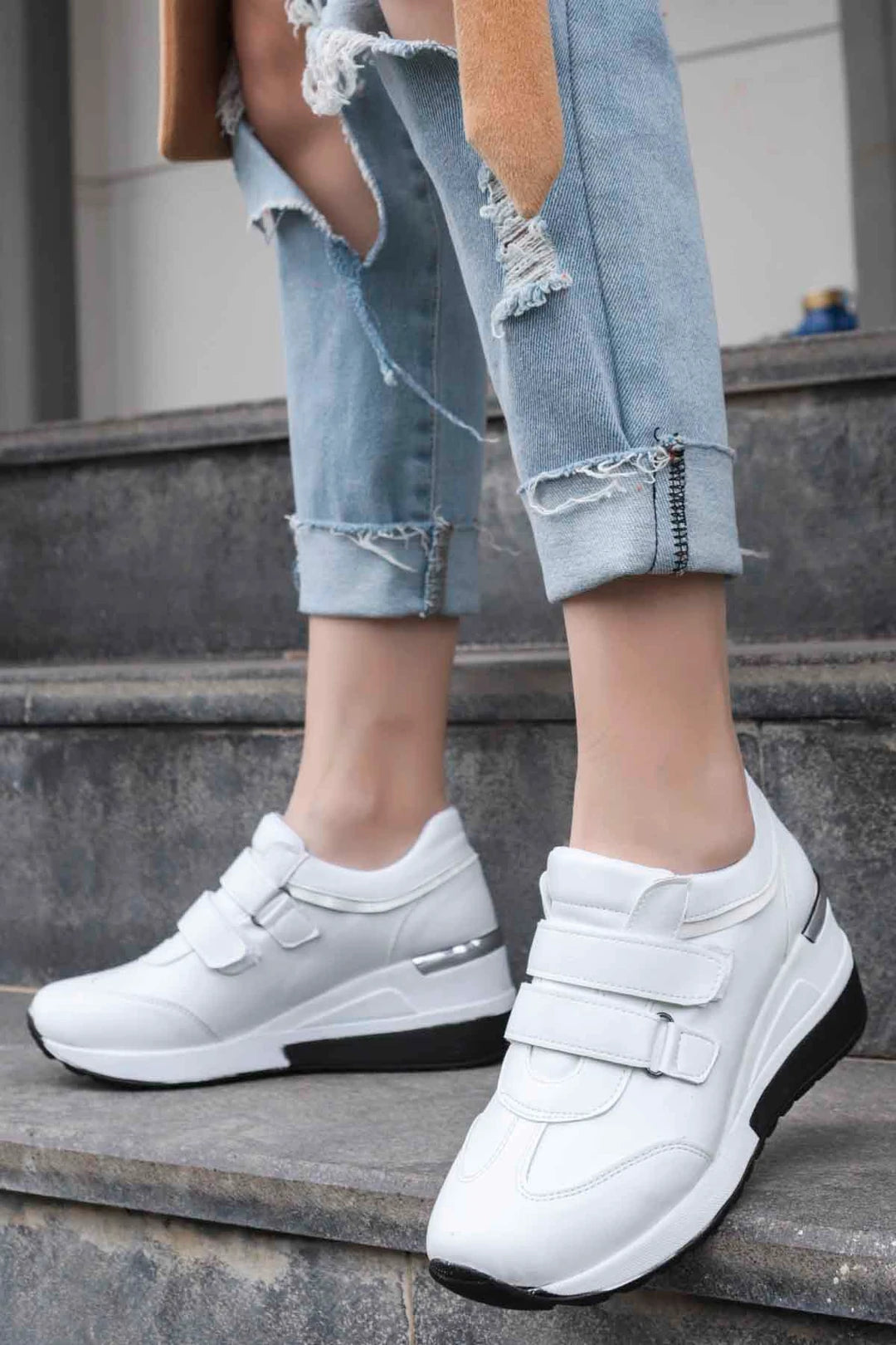 Women's White Velcro Hidden Wedge Heel Sport Shoes