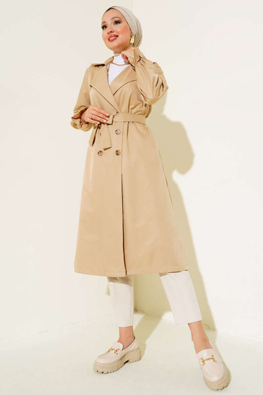 Belted Trench Coat with Elastic Wrists Beige