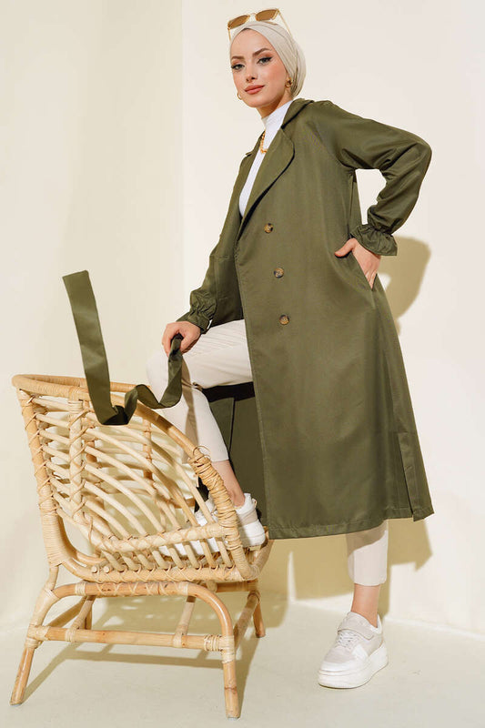 Belted Trench Coat with Elastic Wrists Khaki