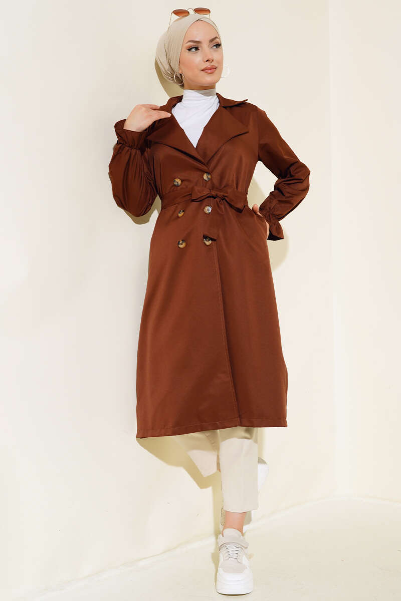 Belted Trench Coat with Elastic Wrists Chestnut