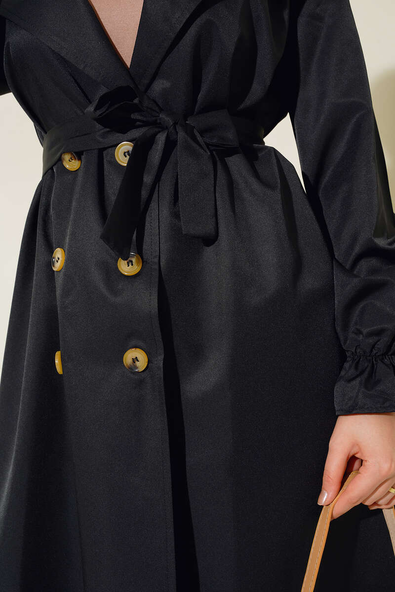 Belted Trench Coat with Elastic Wrists Black