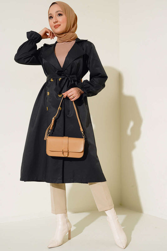 Belted Trench Coat with Elastic Wrists Black