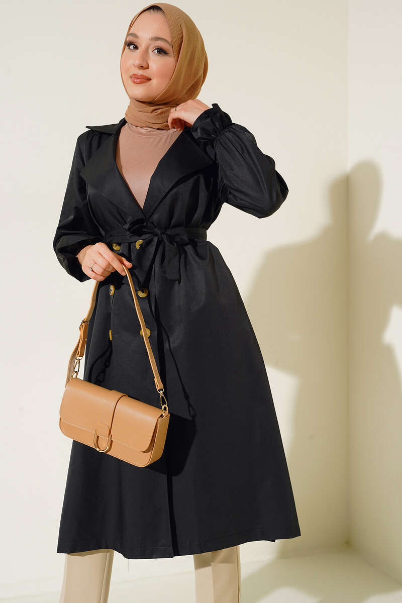 Belted Trench Coat with Elastic Wrists Black