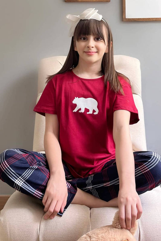 Burgundy Bear Short Sleeve Mother Daughter Family Pajamas - Set