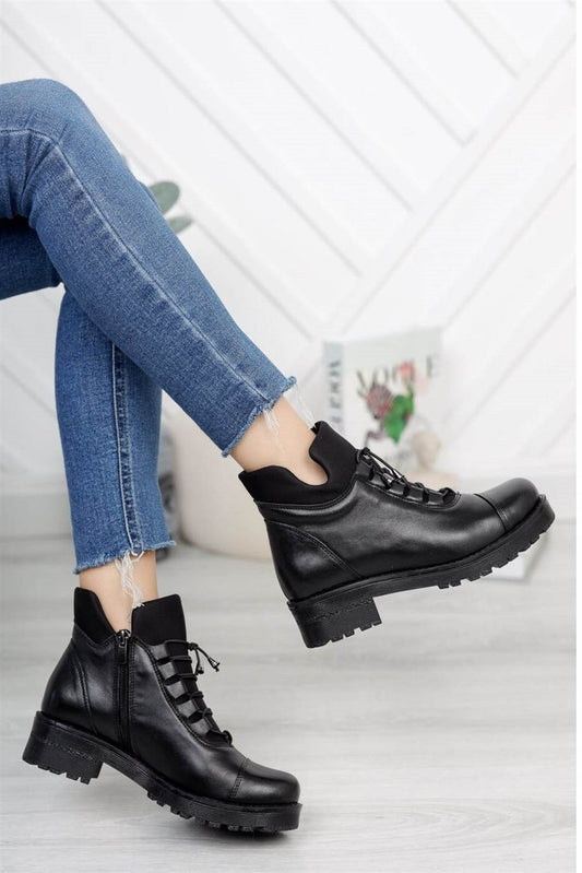 Women's Leather Lace Up Zipper Boots