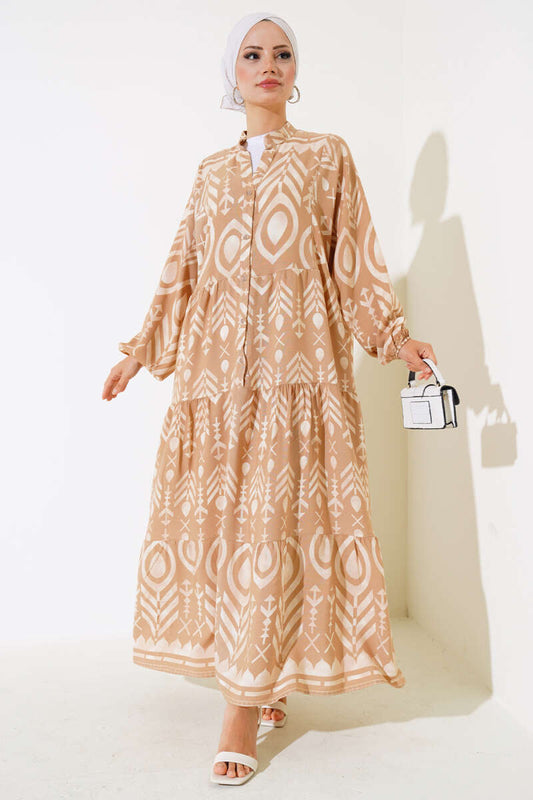 Buttoned Casual Patterned Dress - Camel