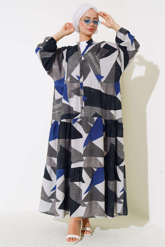 Buttoned Casual Patterned Dress - Fume