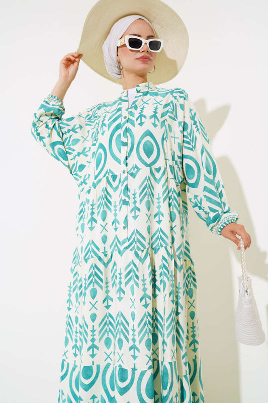 Buttoned Casual Patterned Dress - Mint