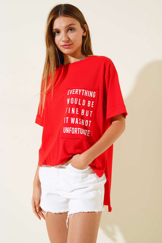 Pocket Printed Double Sleeve T-shirt - Red