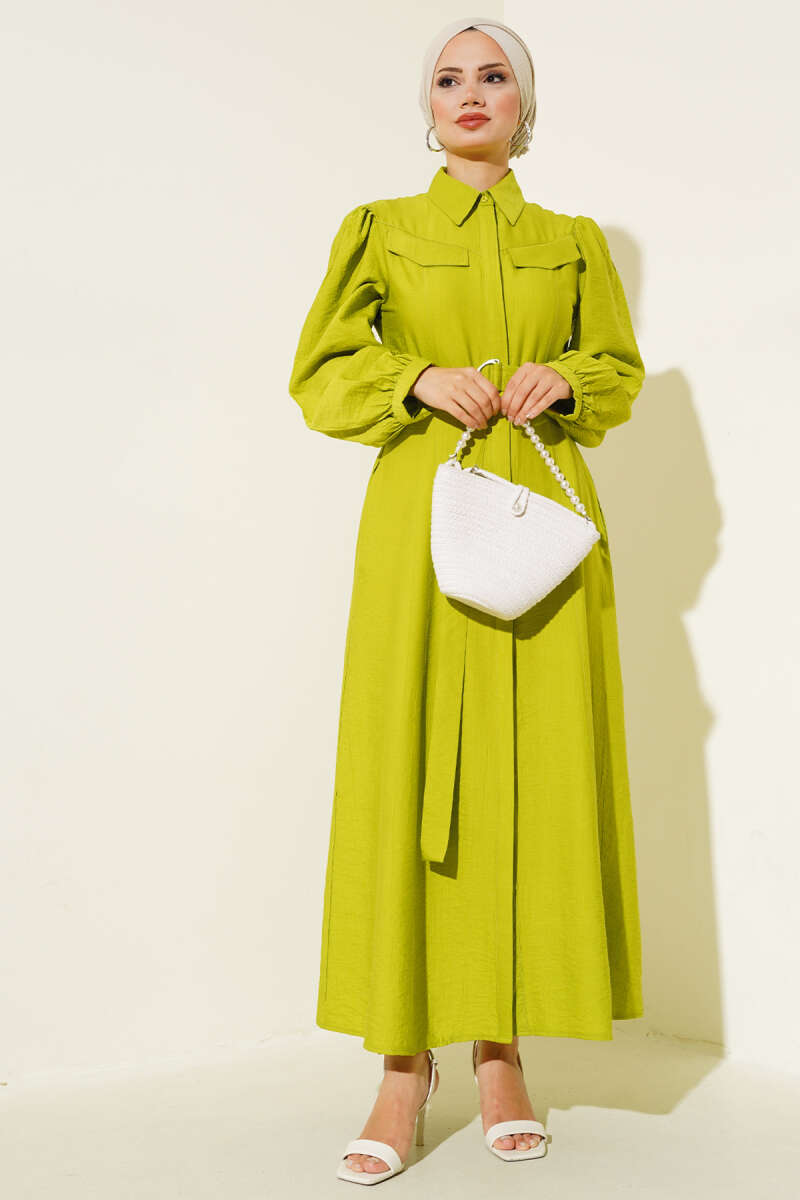 Belted Dress with Pocket Flap Detail Green