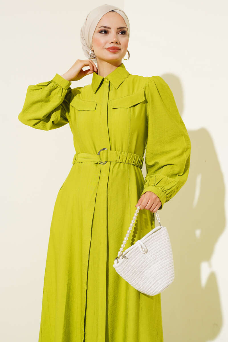 Belted Dress with Pocket Flap Detail Green