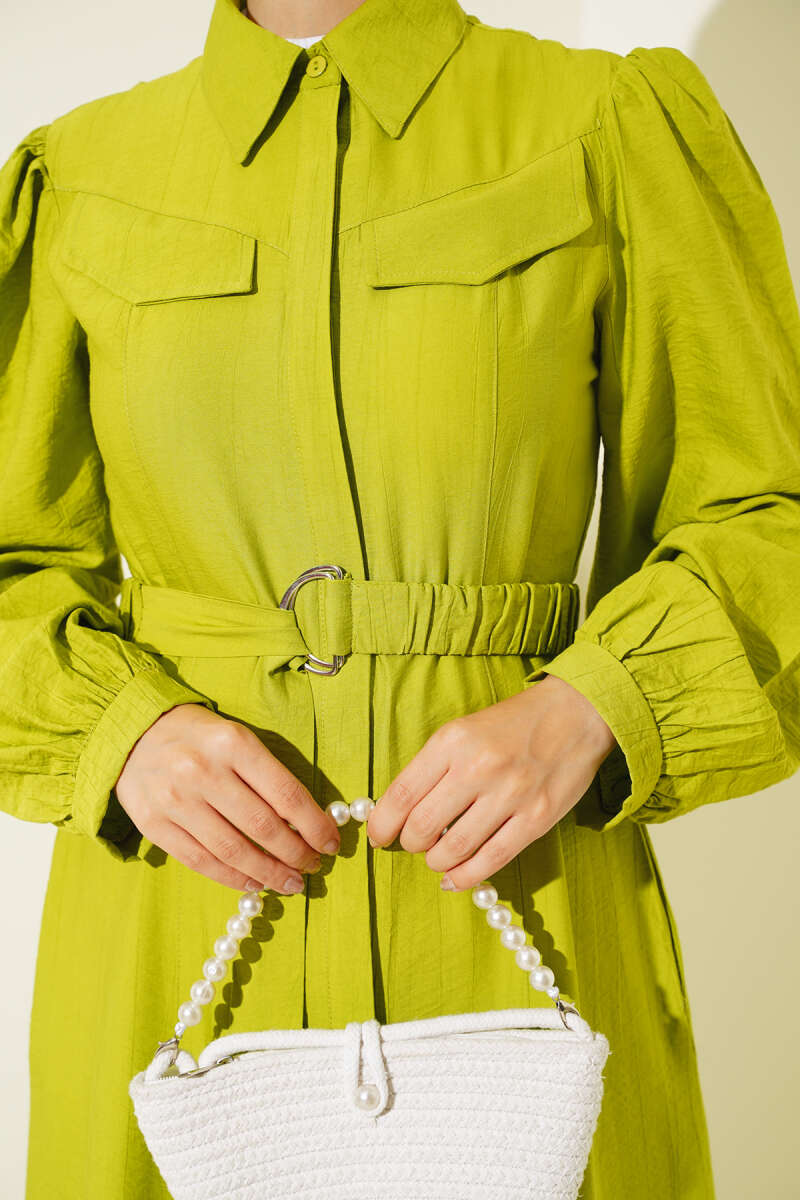 Belted Dress with Pocket Flap Detail Green