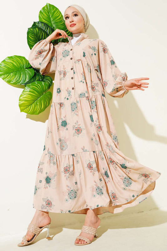 Floral Pattern Half Button Floor Dress - Green