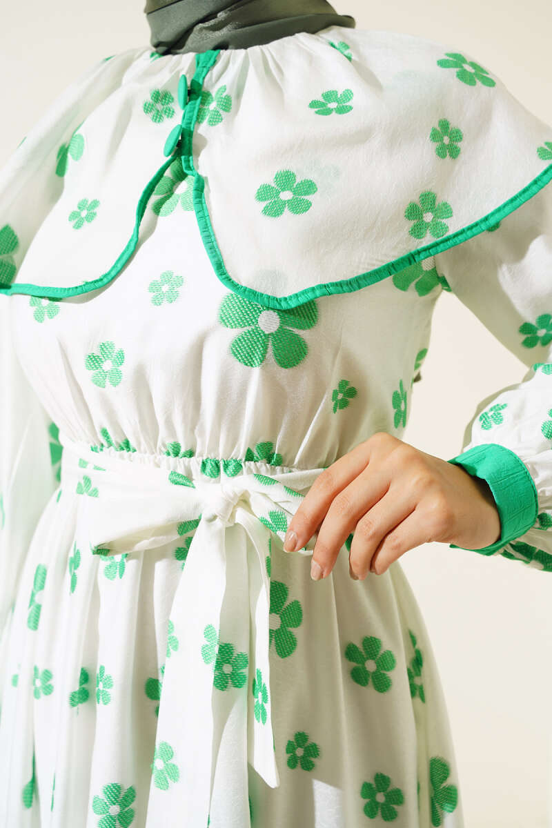 Floral Embroidered Belted Dress Green