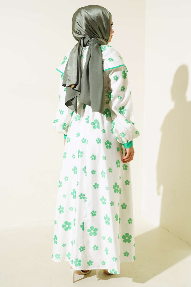 Floral Embroidered Belted Dress Green