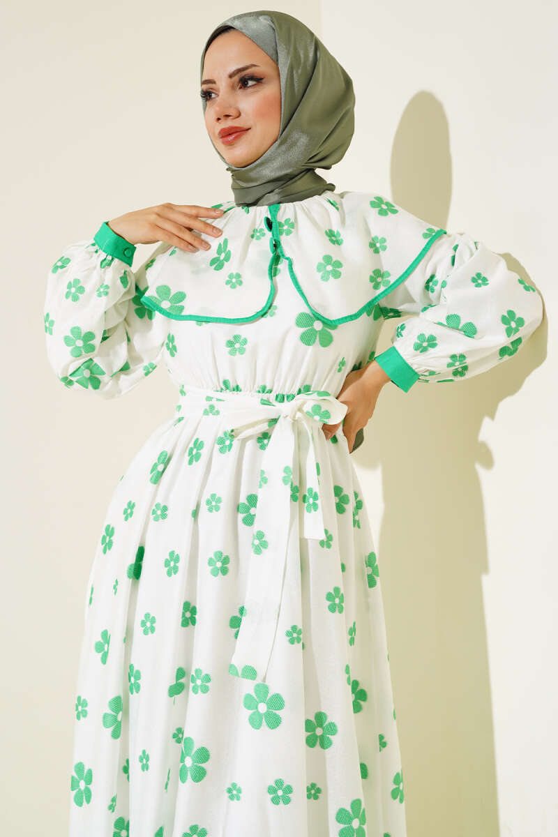 Floral Embroidered Belted Dress Green