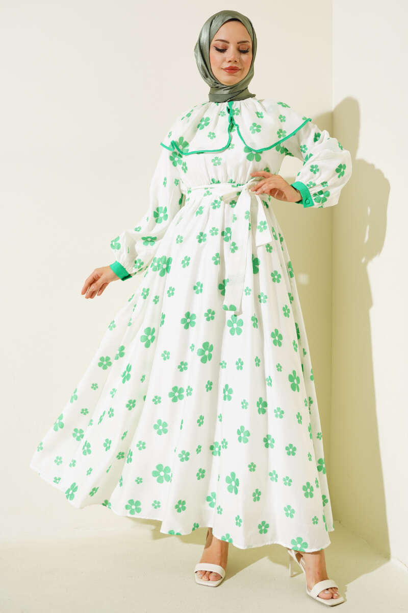 Floral Embroidered Belted Dress Green