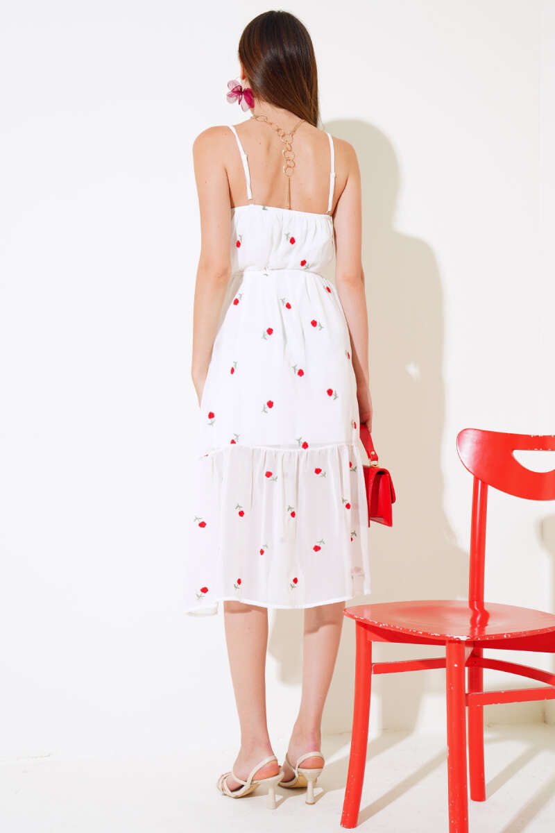 Floral Strap Chiffon Dress - Ecru & Red