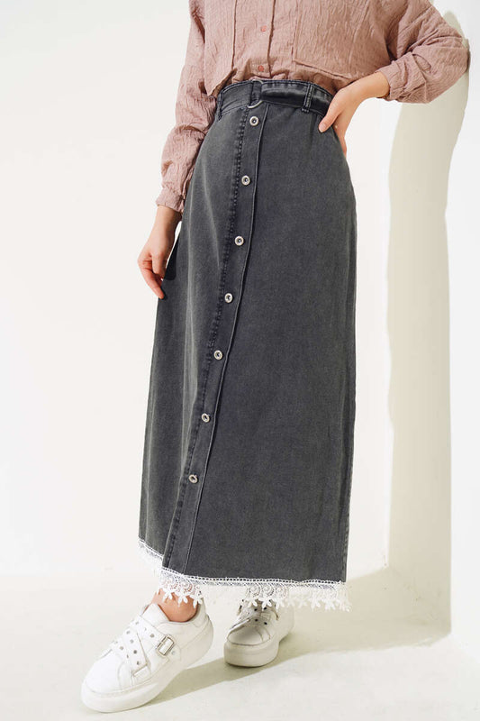 Women's Lace Detailed Denim Skirt - Smoke