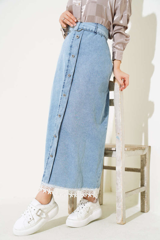 Women's Lace Detailed Denim Skirt - Blue