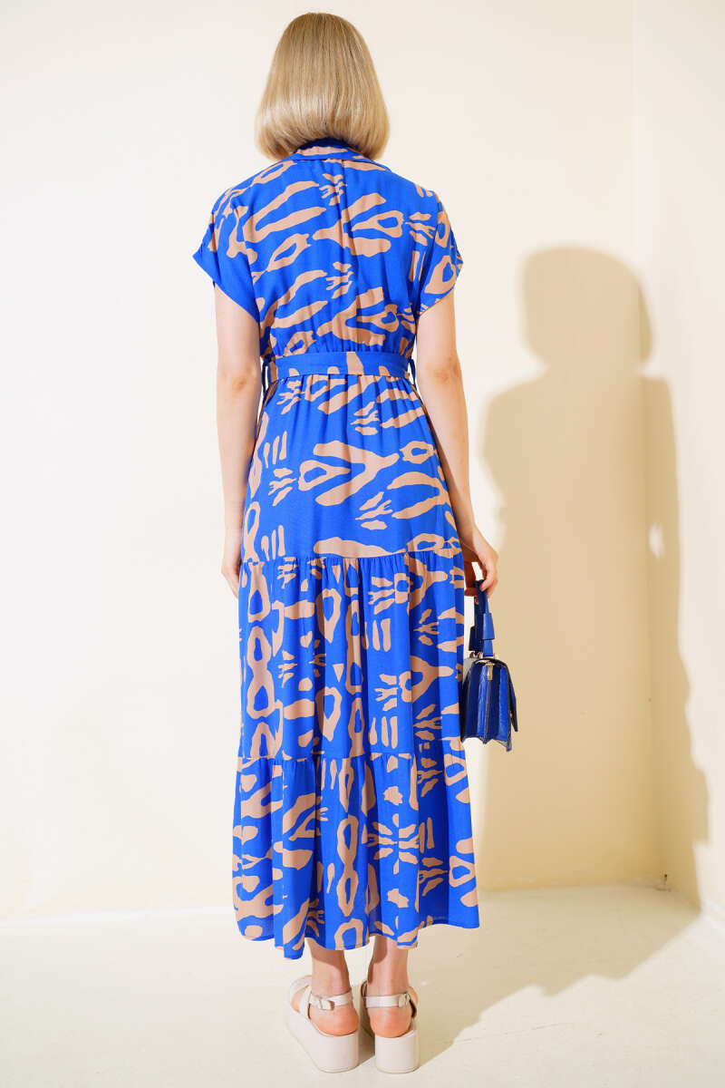 Patterned Short Sleeve Dress - Sax