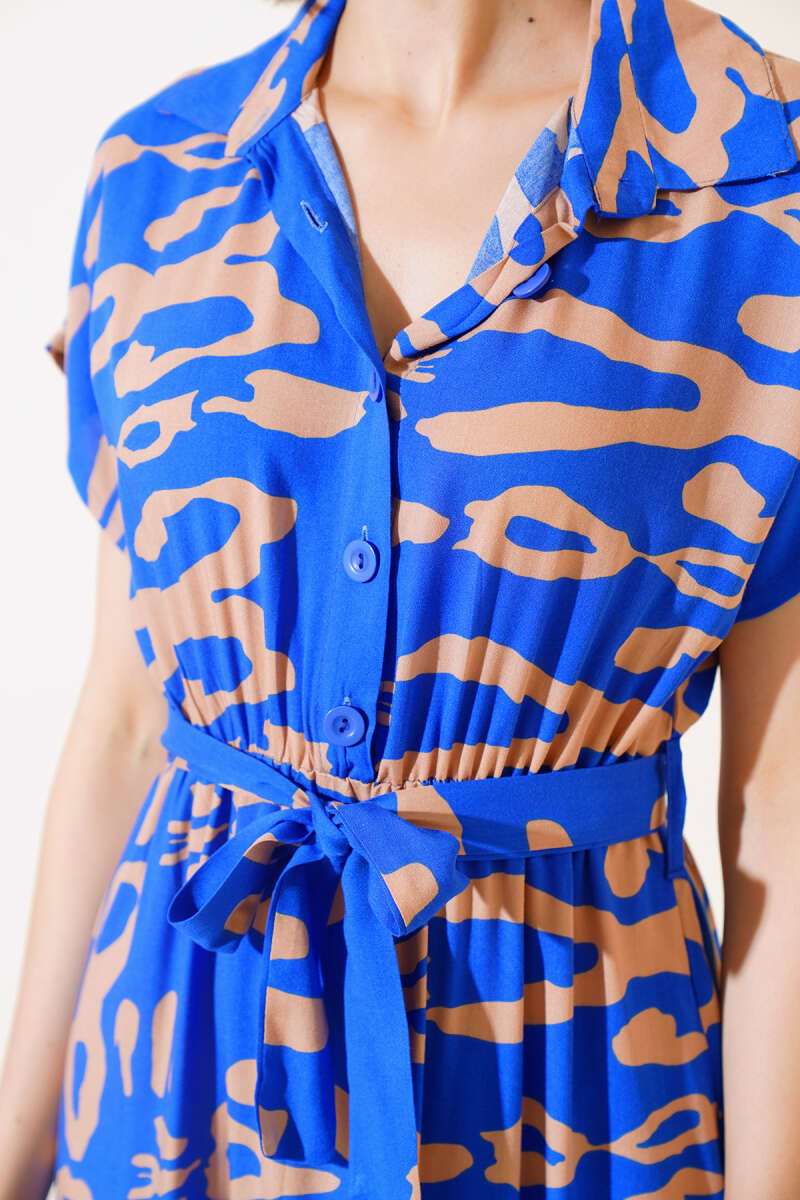 Patterned Short Sleeve Dress - Sax