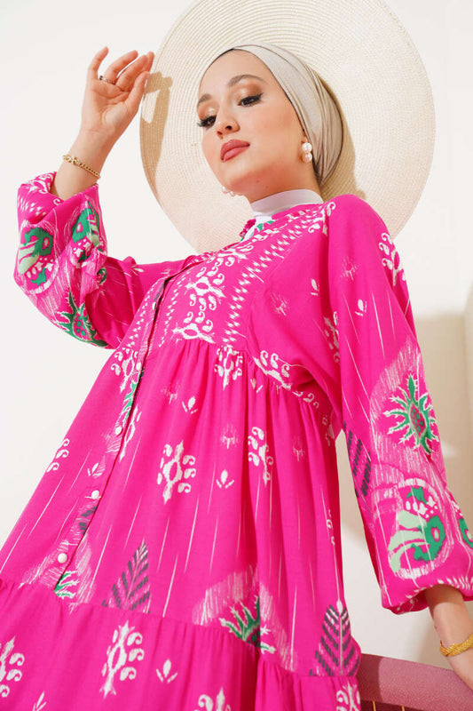 Patterned Casual Layered Dress - Fuchsia