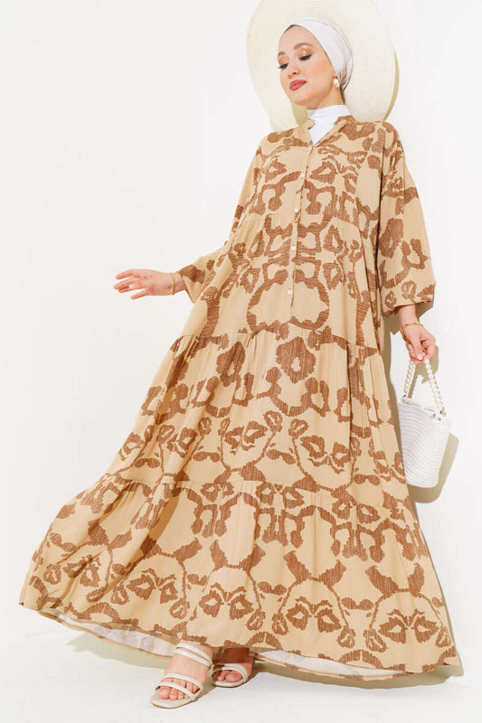 Patterned Bat Sleeve Viscose Dress - Brown & Beige