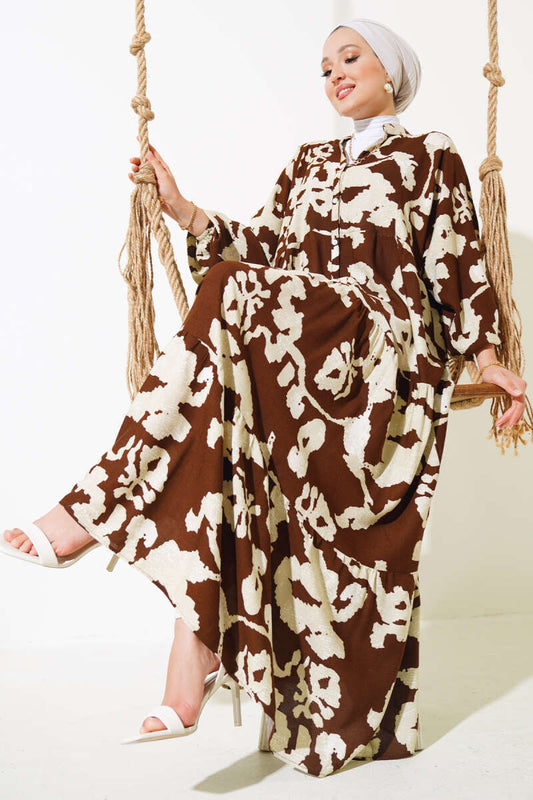 Patterned Bat Sleeve Viscose Dress - Brown & Beige